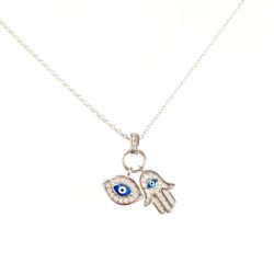 Sterling Silver Cubic Zirconia Evil Eye Hasma Dainty Necklace