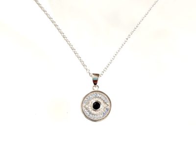 Sterling Silver Round Evil Eye & Cubic Zirconia Necklace