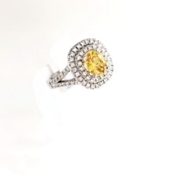 Custom 14K Gold Double Halo & Yellow Sapphire Oval Centre Diamond Ring