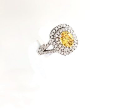Custom 14K Gold Double Halo & Yellow Sapphire Oval Centre Diamond Ring