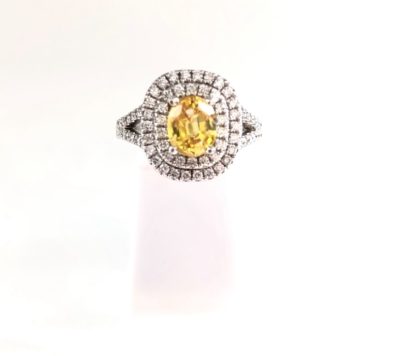Custom 14K Gold Double Halo & Yellow Sapphire Oval Centre Diamond Ring - Image 2