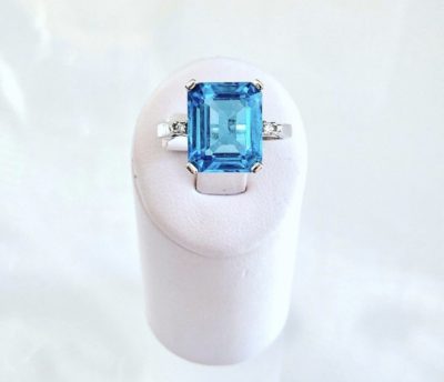 10k Gold Emerald Cut Blue Topaz & Diamond Cocktail Ring