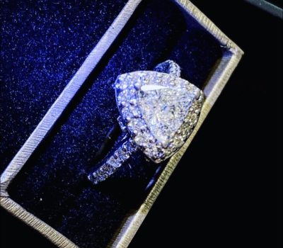 Custom 14k Trillion Diamond Halo Engagement Ring - Image 2
